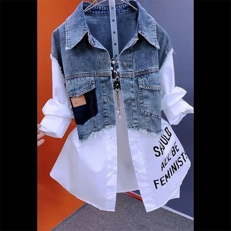 Fashion Denim Shirt Ladies Tops Women New Splicing Denim Jacket Spring Autumn Korean Casual Jean Coat Female Windbreaker