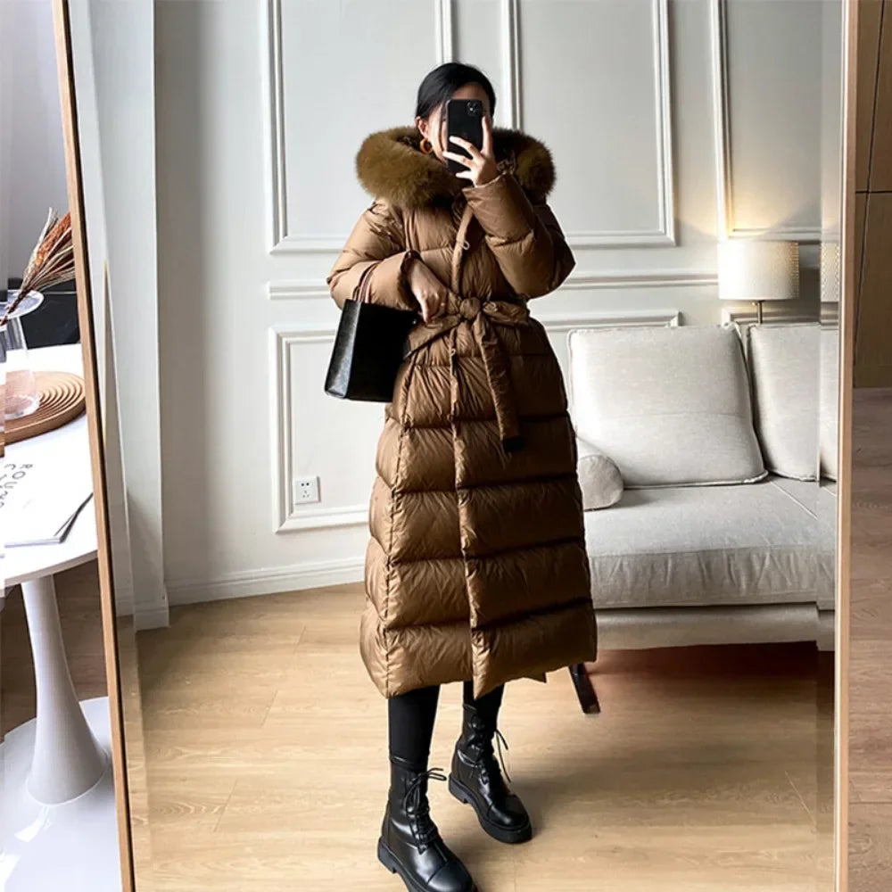 Real Fur Jacket 2024 Winter Women White Duck Down Jackets Ultra Light Warm Long Parkas Fox Fur Collar Female Hooded Snow Coats
