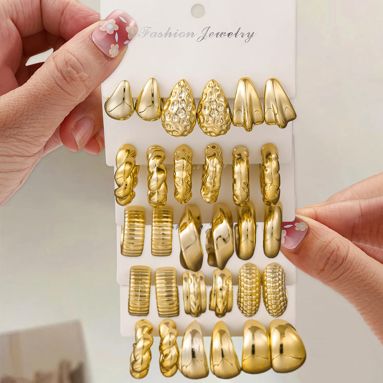 Texture Geometry Multi Shaped Women's Fashion Ring Earring Set Elegant Fashion Style Unique Design Earrings