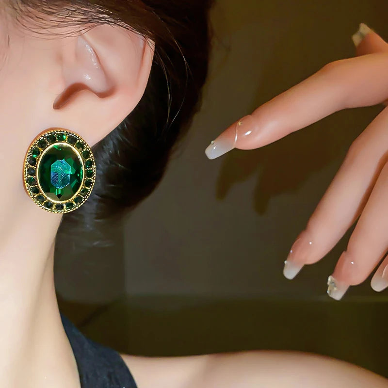 Vintage Green Geometric Rhombus Round Earrings Women Fashion Rhinestone Stud Earrings For Party Wedding Jewelry Accessories
