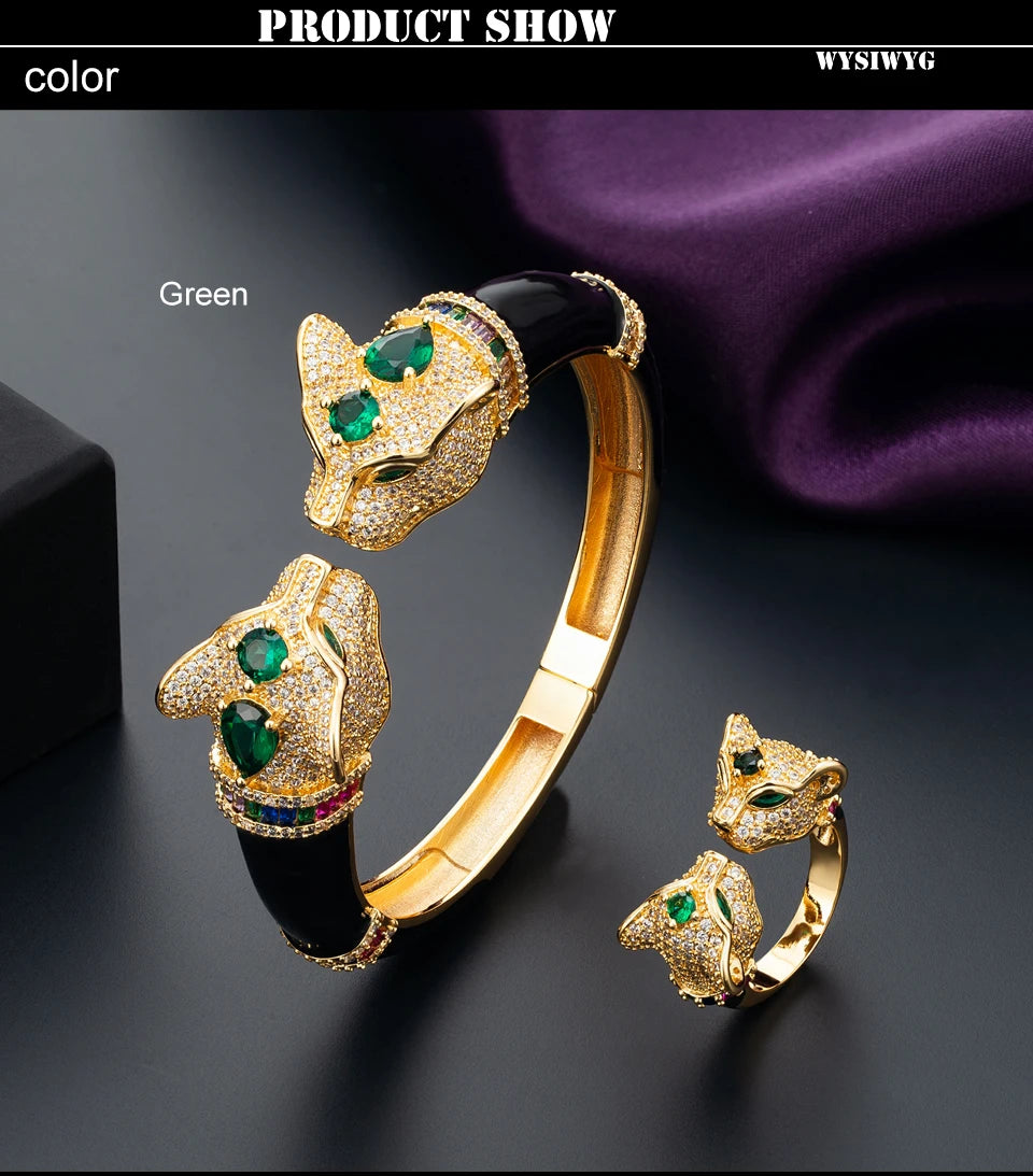 Ms High Quality Jet Leopard Animal Fashion Bangle Wtih Ring Women‘s Bridal Jewelry set Fine AAA Cubic Zirconia Bangle Bracelet