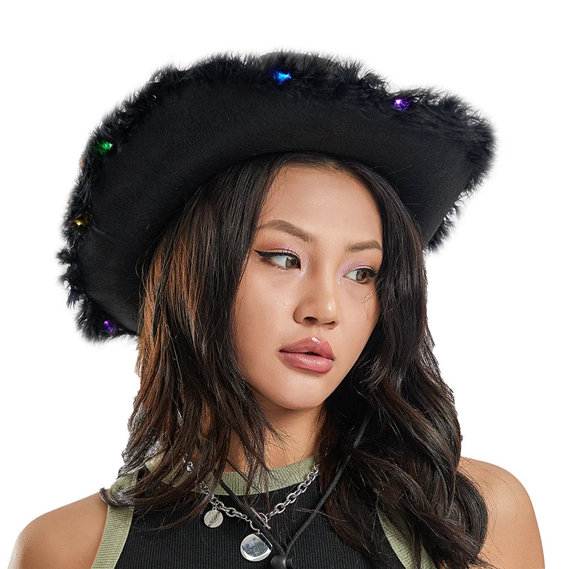 2024 New Felt Party Hats Fashion Cowboy Hat with Colorful LED Light Fun Party Disco Pink Cowgirl Hat for Women Men