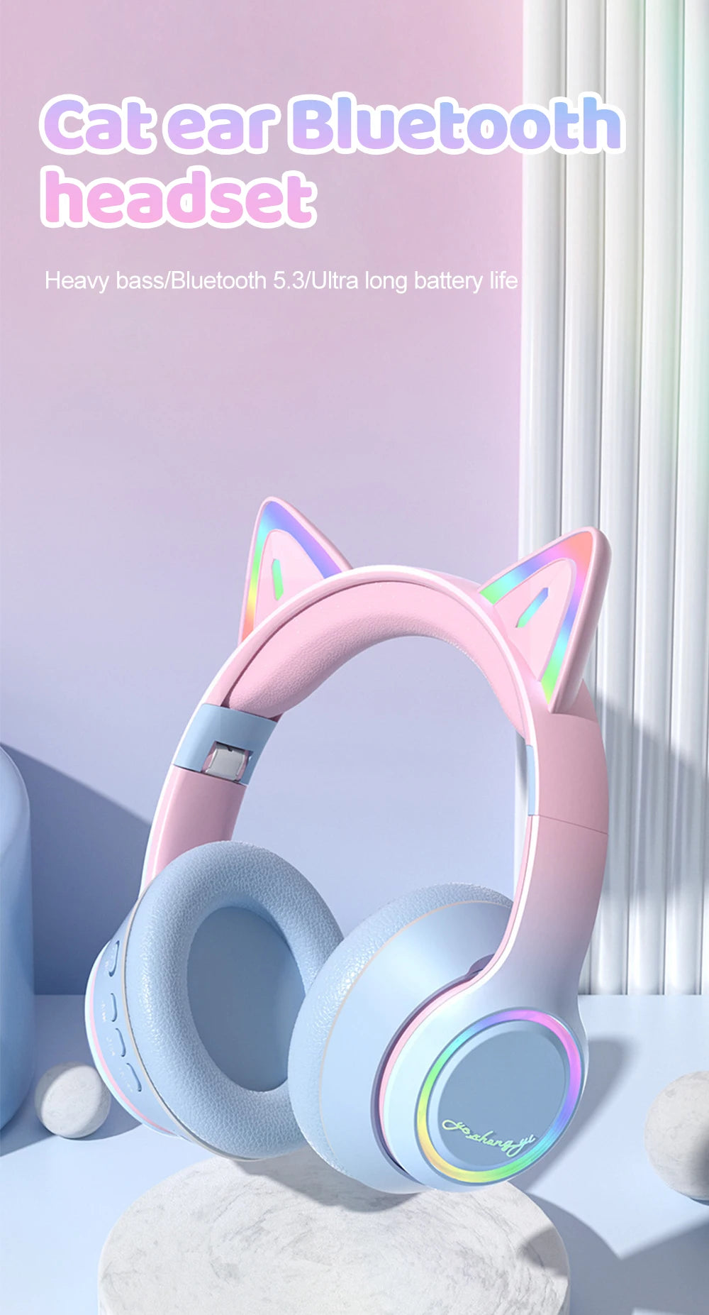 Gradient Wireless Headphones RGB Cat Ear Bluetooth Headphones With Microphone Stereo Music Game Earphone For Girls Kids Gifts