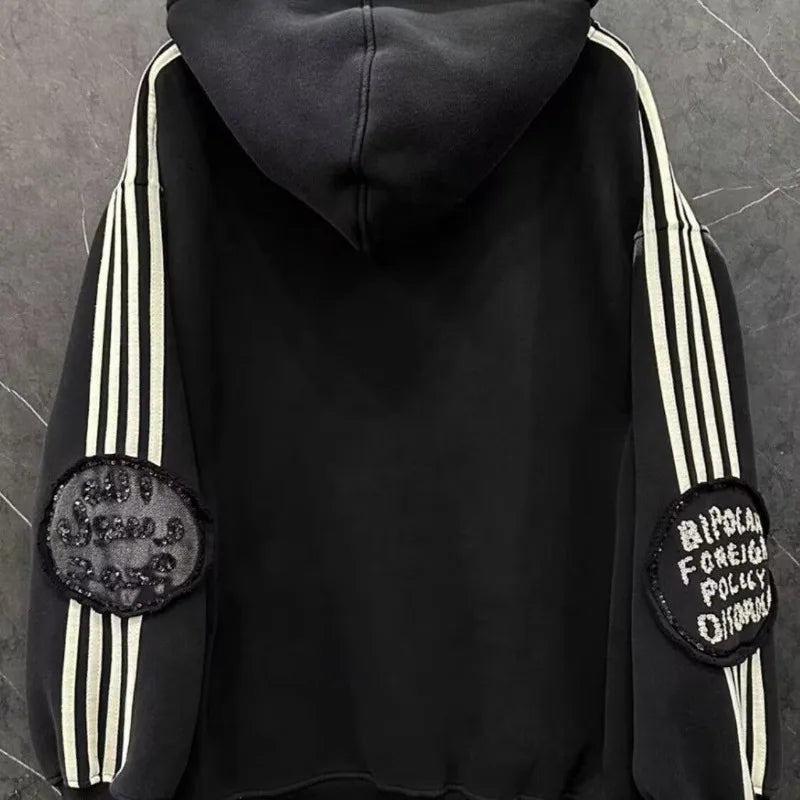 Autumn Winter Oversized Hoodie Vintage Hot Stamping Heavy Craft Mickey Patch Embroidery Hooded Long Sleeved Sweatshirt Kpop Tops