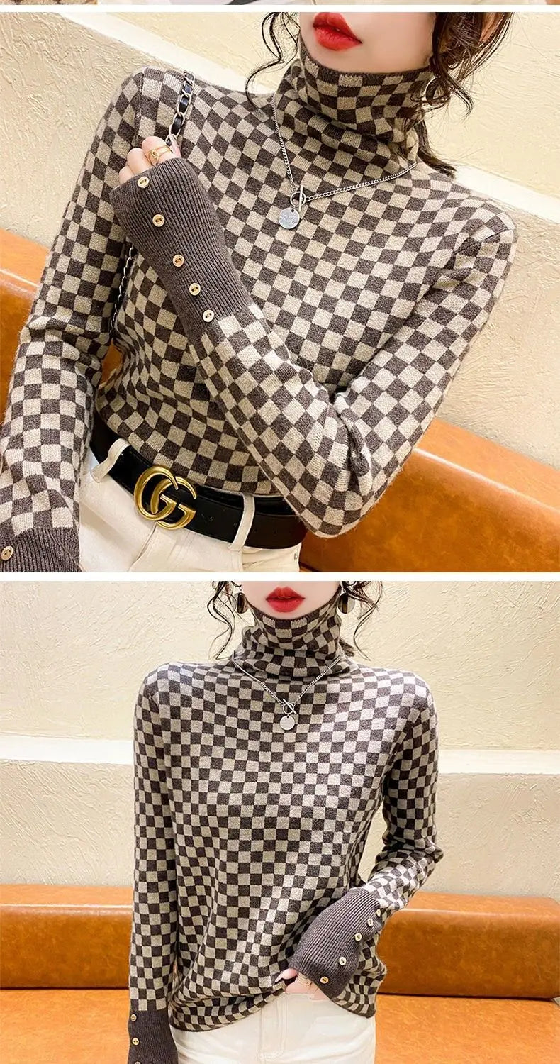 Women's Clothing Elegant Fashion Plaid Knit Pullovers Autumn Winter Vintage All-match Long Sleeve Patchwork Sweater Lady Y2k Top