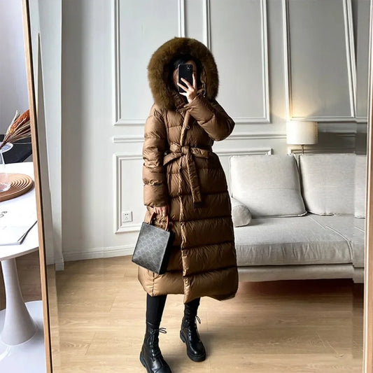 Real Fur Jacket 2024 Winter Women White Duck Down Jackets Ultra Light Warm Long Parkas Fox Fur Collar Female Hooded Snow Coats