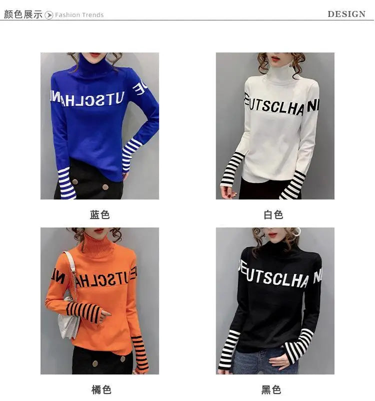 Turtleneck Pullovers Femme Autumn Winter Interior Lapping Fashionable Slim Bottoming Shirt Letter Knitting Sweater Striped Tops