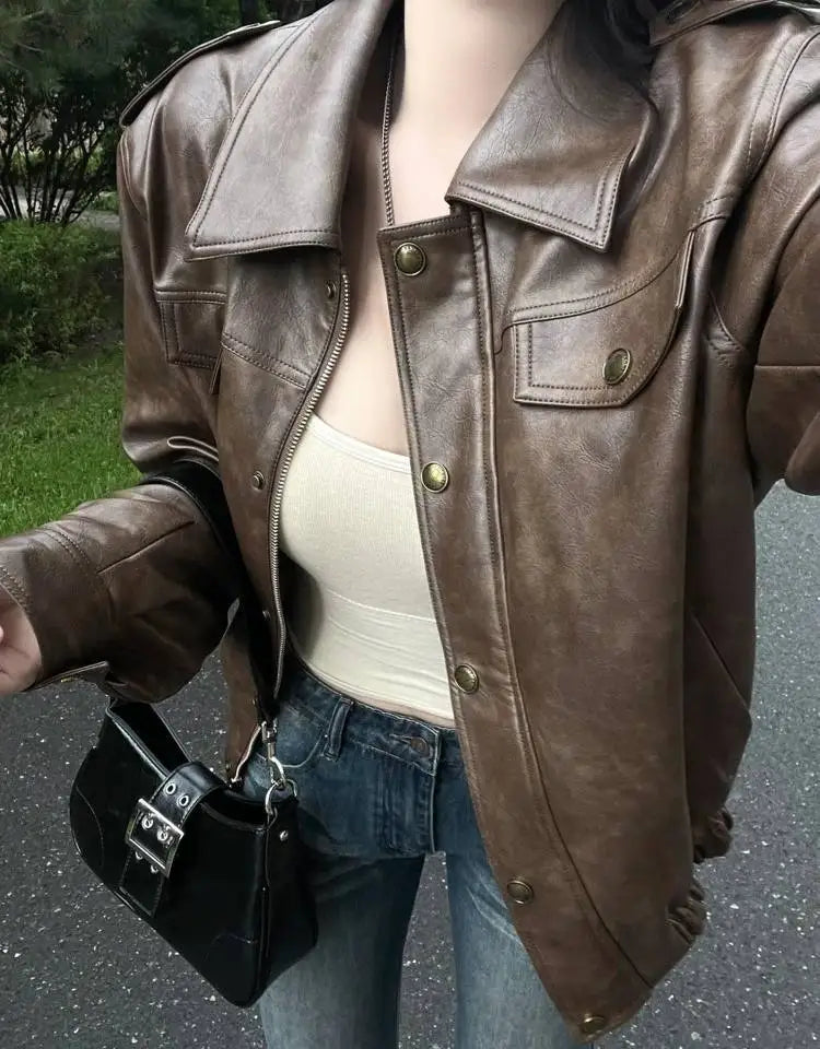 Pu Faux Leather Coat Women Casual Solid Jackets Long Sleeves Turn Down Collar Single Breasted Straight Streetwear 2025 Autumn