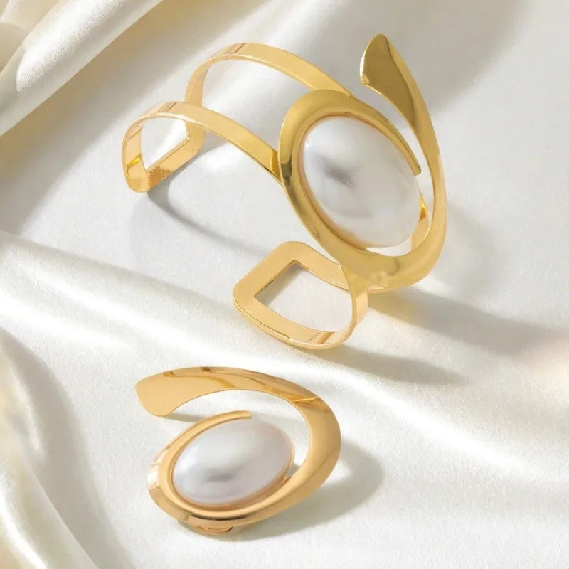 Exaggerated Pearl Spiral Bracelet Ring Set For Women Girls Personality Geometric Fashion Jewelry Holiday Party Gift OL S247