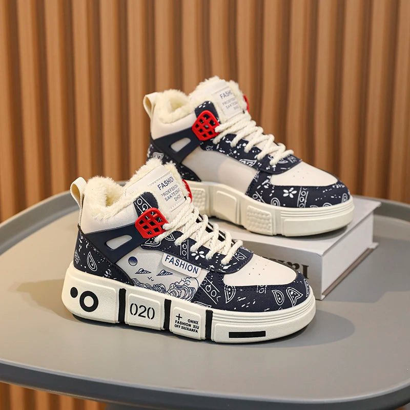 Kids Sneakers Winter Warm Plush Walking Shoes High-top Comfortable Fashion Casual Flat Tennis Shoes Childrens Boots for Boy