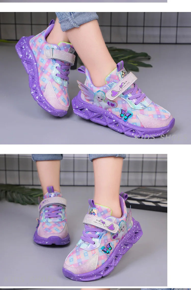 Disney Children's Sports Shoes Led Lights Sneaker Cartoon Frozen Princess  Elsa PU Leather Girls' Pink Children's Running Shoes