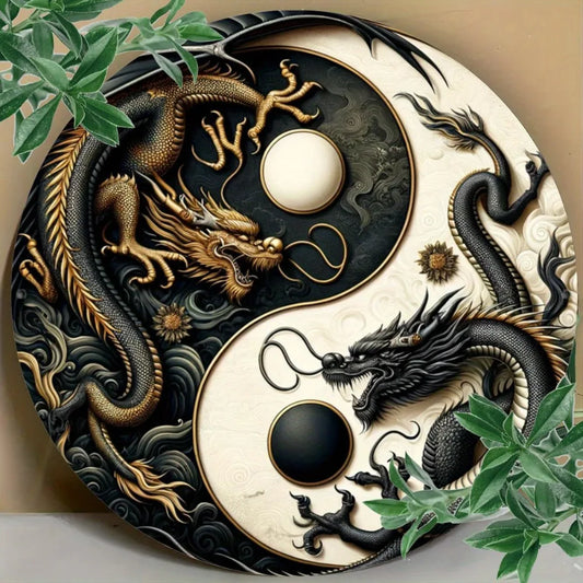 Yin-Yang Chinese Dragon Metal Sign - Black & White Oriental Wall Art for Home, Office & Cultural Enthusiasts