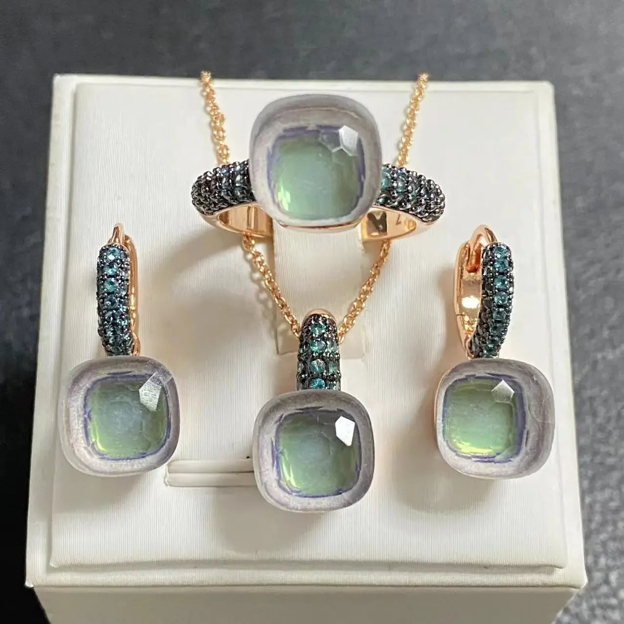 3Pcs Gun Black Plated Blue Zircon Jewelry Set for Women Includes Ring Earrings Necklace Elegant Crystal Blue Topaz Matching Gift