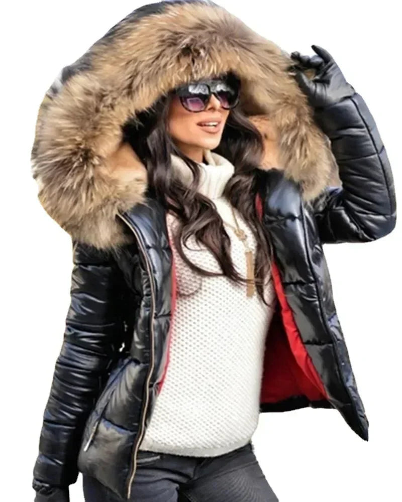 New Hood Solid Color Fur Hooded Jacket Autumn Winter New Women's Cotton-Padded Down Short Parka Coat Jacket Fashion Casual