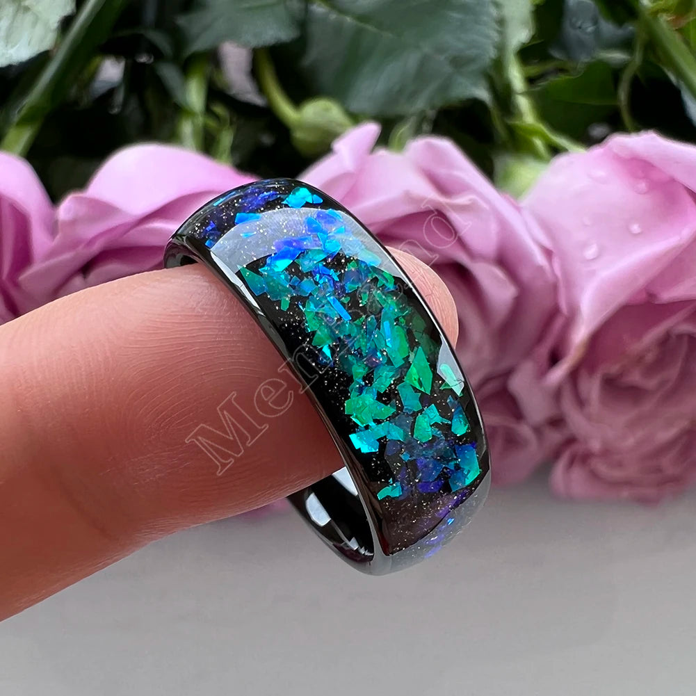 MenBand Fashion New Arrivals 8MM Tungsten Wedding Band Ring Middle Groove Inlaid With Blue Opal Domed Polished Comfort Fit