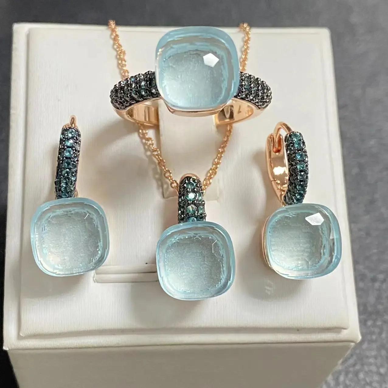 3Pcs Gun Black Plated Blue Zircon Jewelry Set for Women Includes Ring Earrings Necklace Elegant Crystal Blue Topaz Matching Gift