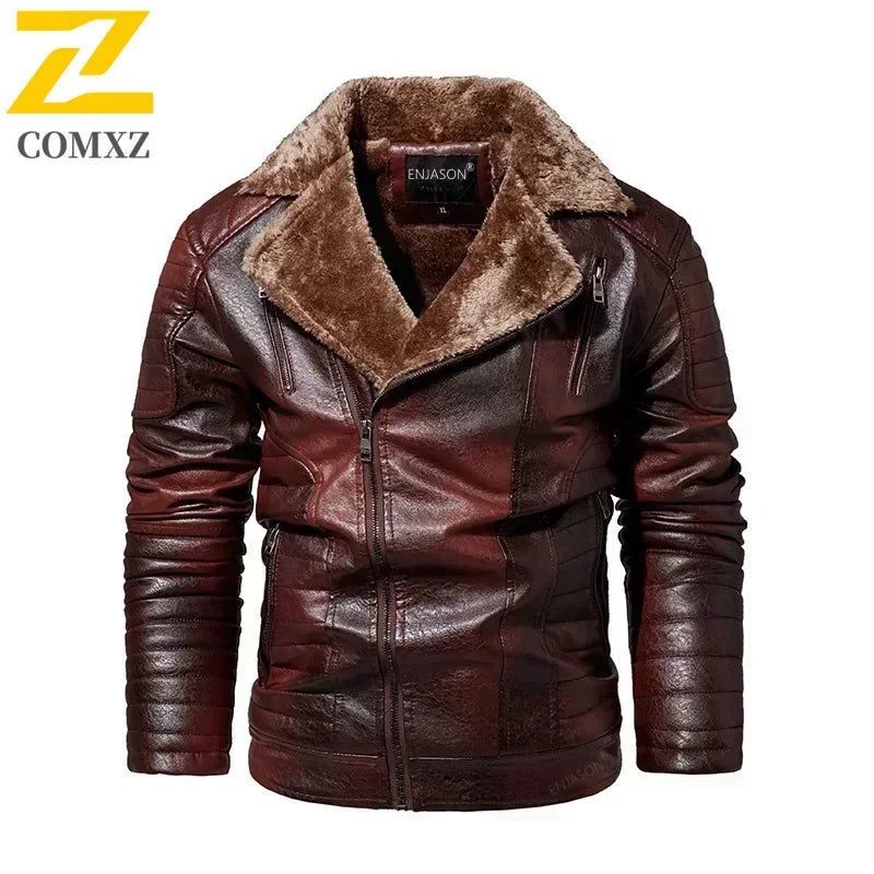 Fashion Warm Winter Mens PU Leather Jacket With Fur Collar Thicken Fleece Motorcycle Coat Casual Faux Leather Locomotive Jacket