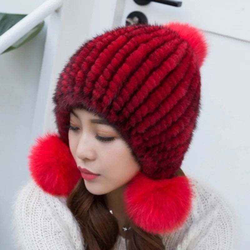 Mink Fur Hat Women Winter Thickened Ear Protection Hat Natural Fur Knitted Caps With Pom Pom Fox Ball Fashion Beanies Fur Hats