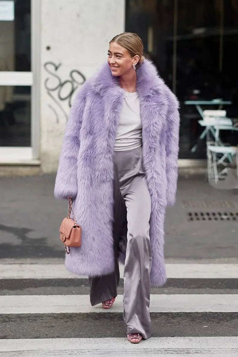 Women  Thick Faux Fur Jacket Colorblock Autumn Winter Maxi Coat Long Warm Luxury Fur  Outerwear