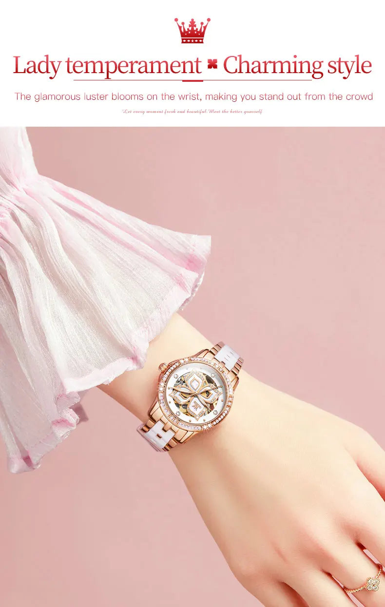 OLEVS 6612 Womens Watch Elegant Fashion Bezel Ceramic Strap Original Mechanical Watch Waterproof Luminous Butterfly Dial Ladies