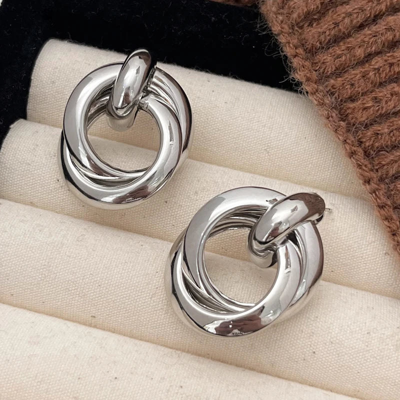 Double Layer Round Circle Dangle Earrings for Women Vintage Simple European Golden Metal Drop Earrings Geometry Jewelry Gift