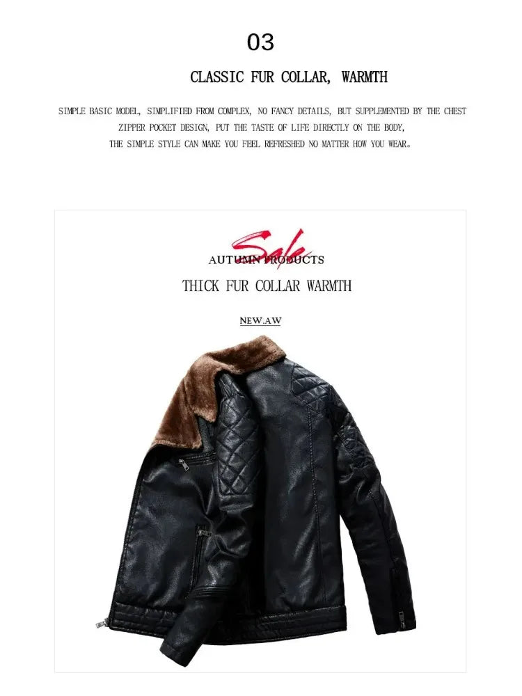 Fashion Warm Winter Mens PU Leather Jacket With Fur Collar Thicken Fleece Motorcycle Coat Casual Faux Leather Locomotive Jacket