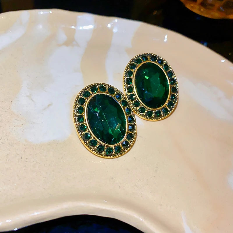 Vintage Green Geometric Rhombus Round Earrings Women Fashion Rhinestone Stud Earrings For Party Wedding Jewelry Accessories