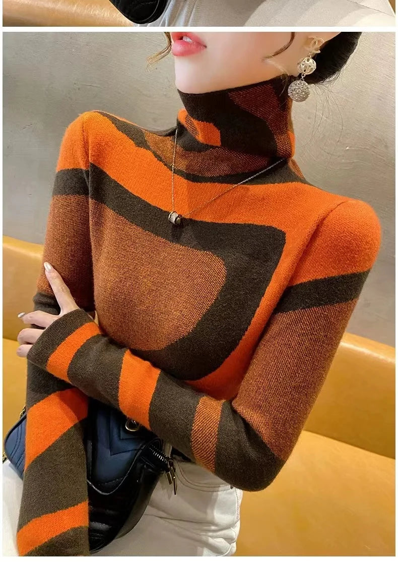 Women Clothing Fashion All-match Slim Knit Pullovers Autumn Winter Elegant Chic Geometric Patchwork Sweaters Office Lady Y2k Top