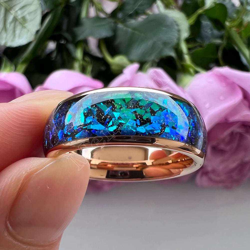 MenBand Fashion New Arrivals 8MM Tungsten Wedding Band Ring Middle Groove Inlaid With Blue Opal Domed Polished Comfort Fit