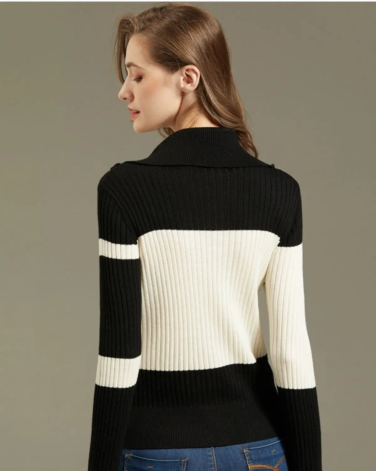 Casual Fashion V-Neck Zipper Spliced Knitted Blouse Women Clothing 2023 Autumn New Korean Tops All-match Office Lady Shirt