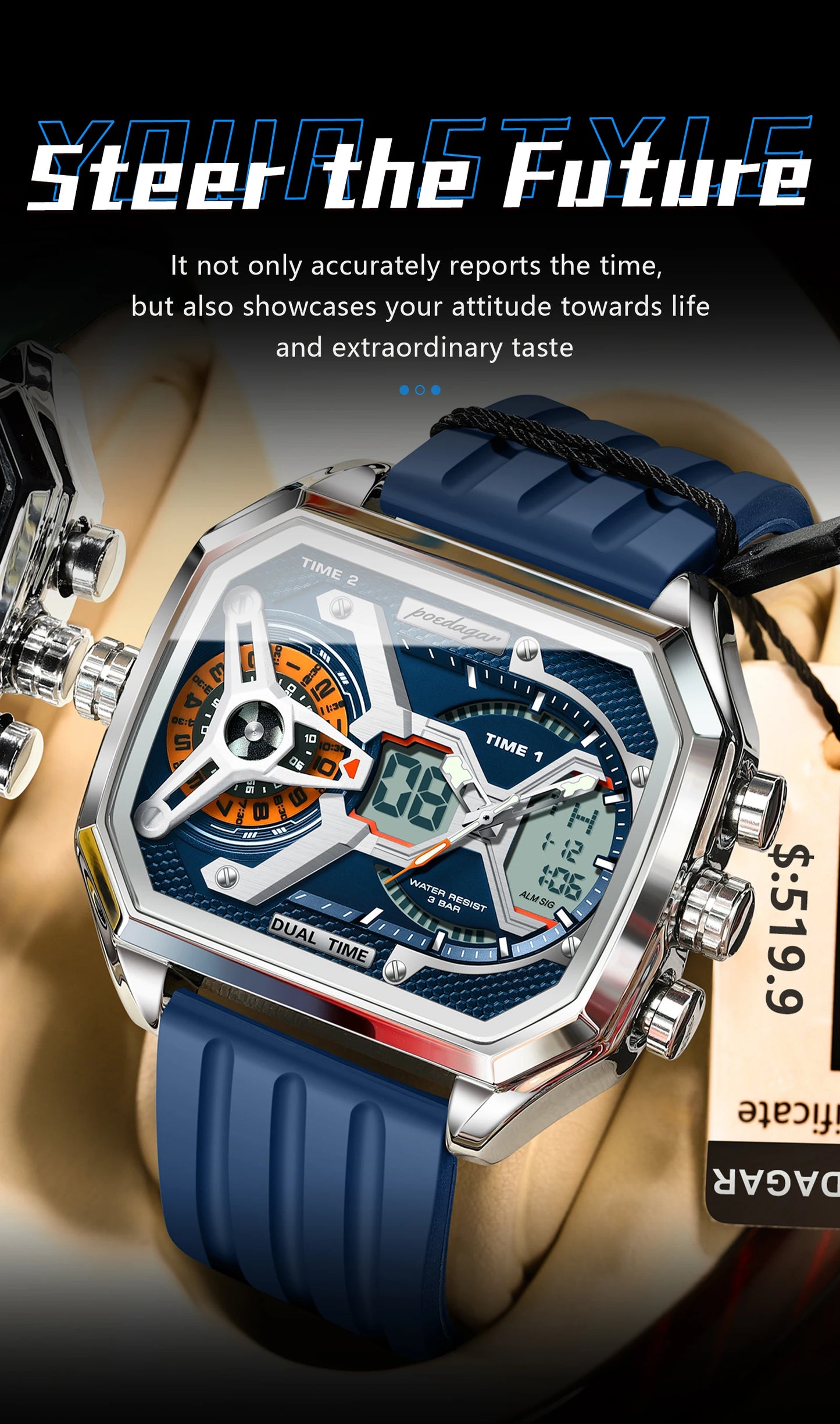 POEDAGAR Top Luxury Men Clock LED Calendar Week Luminous Man Wristwatch Electronic Rectangle Silicone Strap Quartz Men's Watches