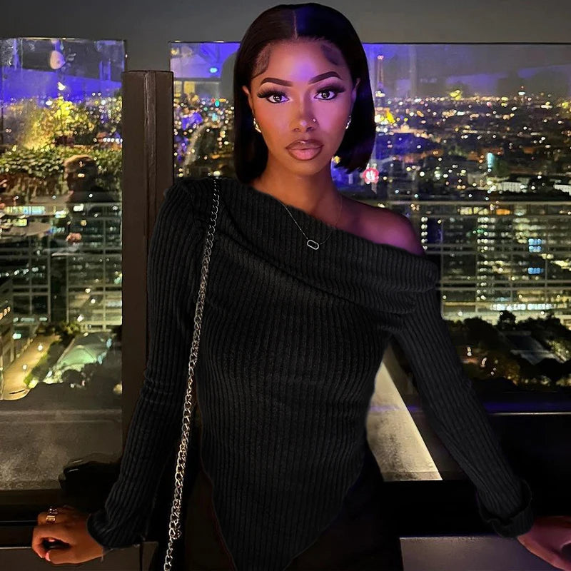 Sexy Asymmetrical Tees Women T-shirt Solid New Autumn Streetwear Long Sleeves Crop Top Fashion Casual Bodycon T-shirts Female