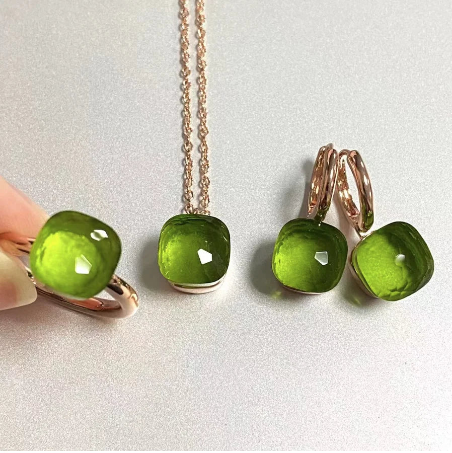 3Pcs/Set Women Ring Earrings Necklace Jewelry Set 34Colors Pink Crystal Jewelry Set Rose Gold Plated Jewelry