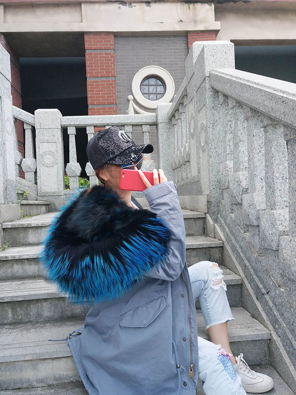 2024 MAOMAOKONG New Real Fur coat Raccoon Collar Detachable Fox fur lining jackets Women's winter Coats parkas Female clothing