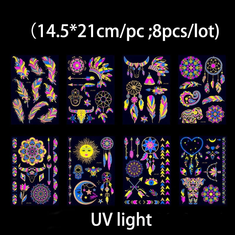 Luminous Temporary Tattoos Stickers Fluorescent Neon In Dark Illuminate Tattoo Elephant/Love Heart Shoulder Tattoo Party Sticker