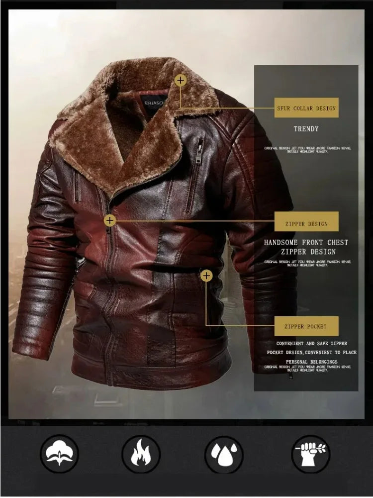 Fashion Warm Winter Mens PU Leather Jacket With Fur Collar Thicken Fleece Motorcycle Coat Casual Faux Leather Locomotive Jacket