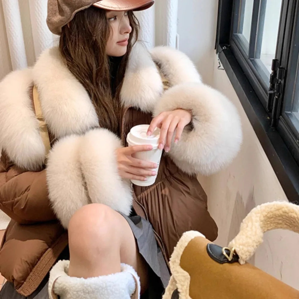 Natural Fox Fur Jacket Fashion Women Winter Luxury White Goose Down Jacket Thicken Female Casual Parkas Fur Collar Puffer Coat