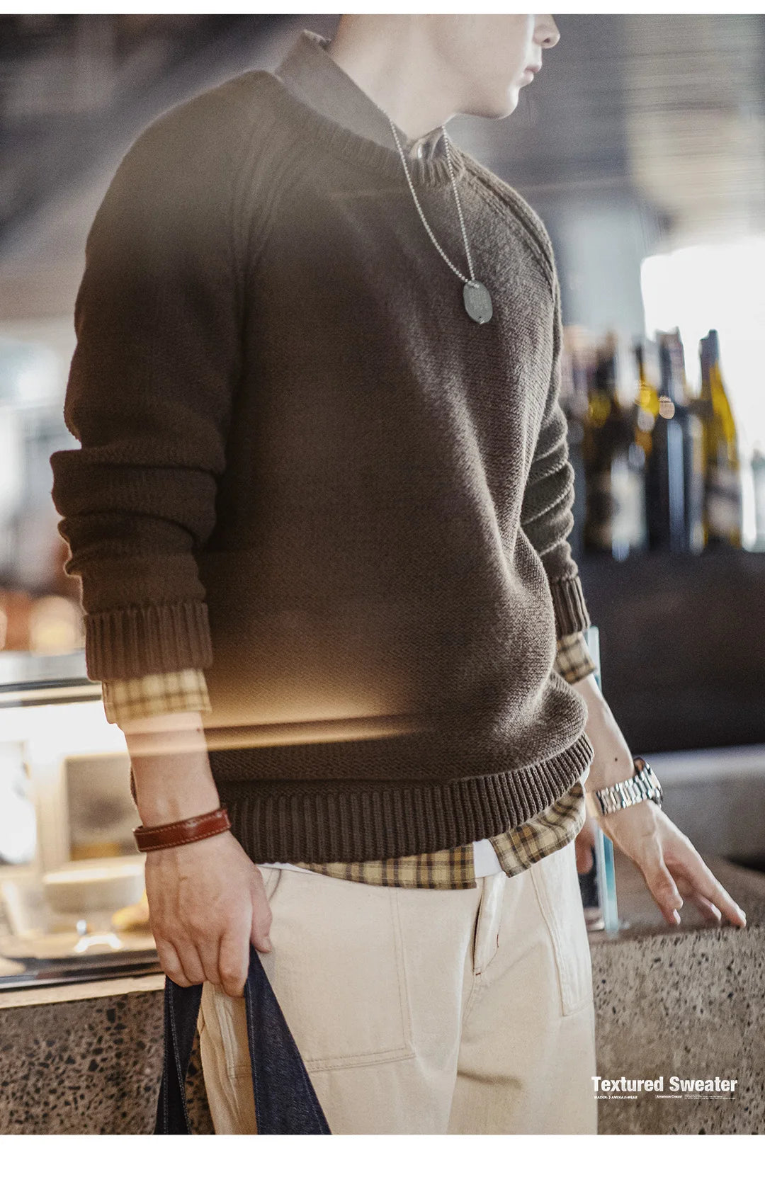 Maden New Vintage Heavyweight Knitted Crew-neck Sweater Brown Warm Pullover Men's Versatile Top for Autumn and Winter Knitwear