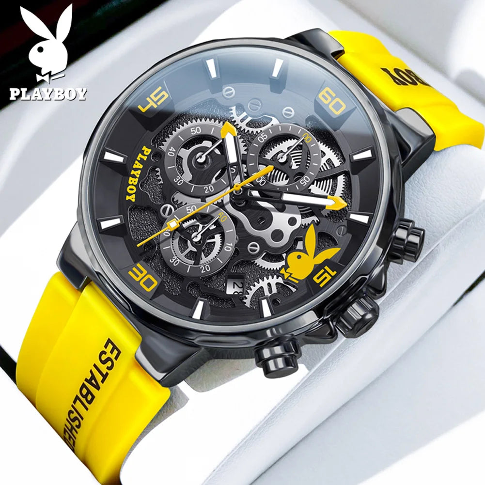 PLAYBOY Top Brand Trend Quartz Watch for Men Original Silicone Strap Men's Watches Waterproof Calendar Multifunction Male Watch