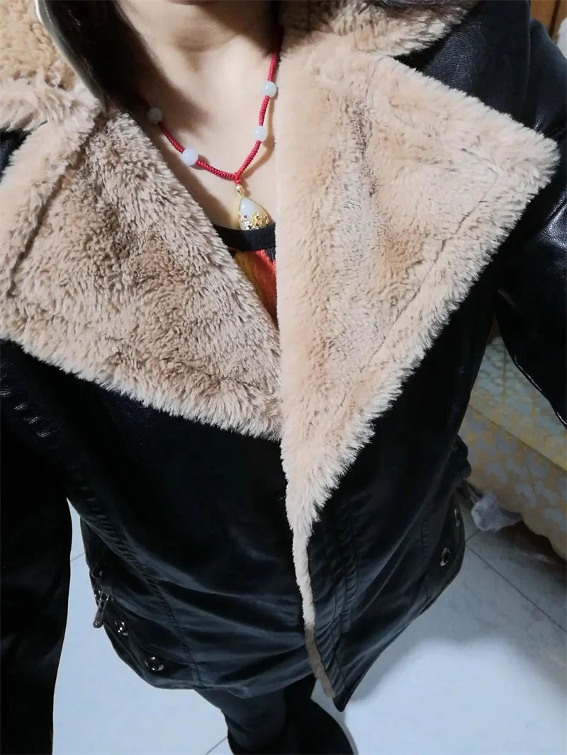 2022 New Winter PU Leather Jacket Women Short Blazers Coat Fleece Double-faced Fur Leather Outerwear Lady Slim Suit Tops Jackets