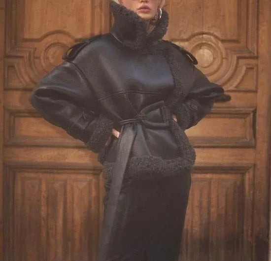 Faux Fur Leather Long Jacket Women Lapel Long Sleeve Belt Thicken Female Coats Winter Fashion Street Patchwork Lady Outwear