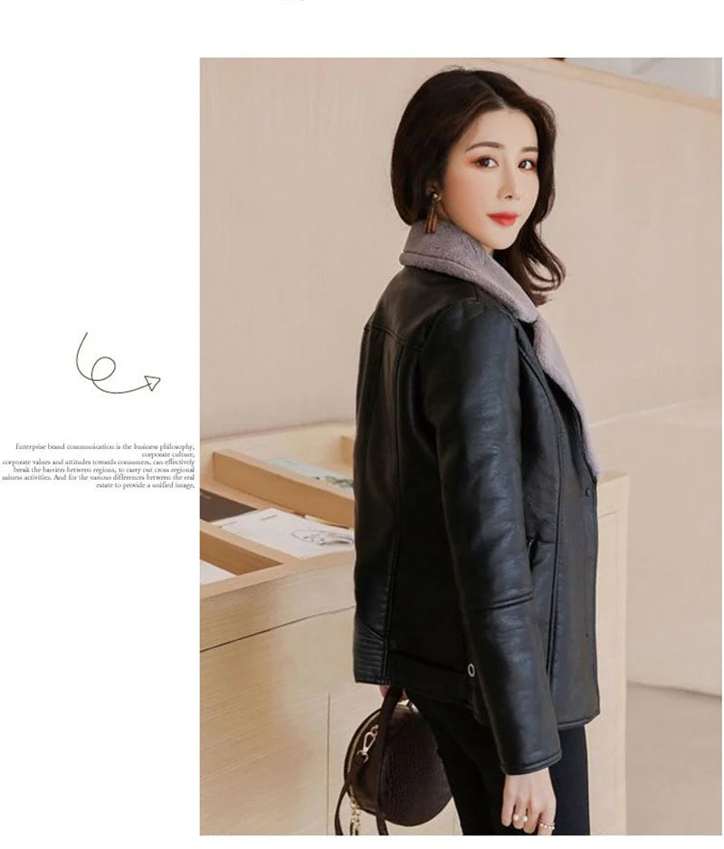 2022 New Winter PU Leather Jacket Women Short Blazers Coat Fleece Double-faced Fur Leather Outerwear Lady Slim Suit Tops Jackets