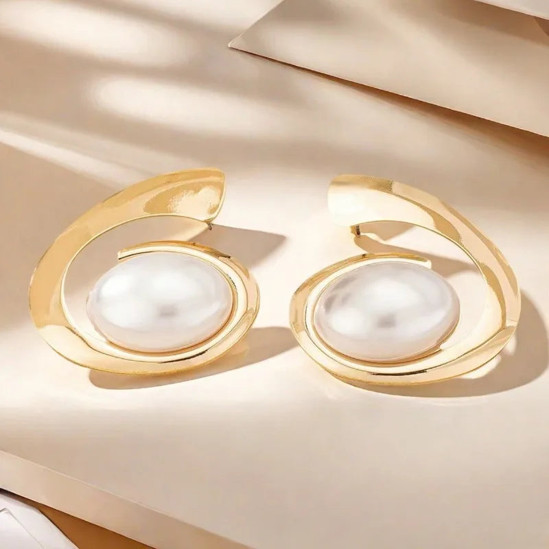 Exaggerated Pearl Spiral Bracelet Ring Set For Women Girls Personality Geometric Fashion Jewelry Holiday Party Gift OL S247