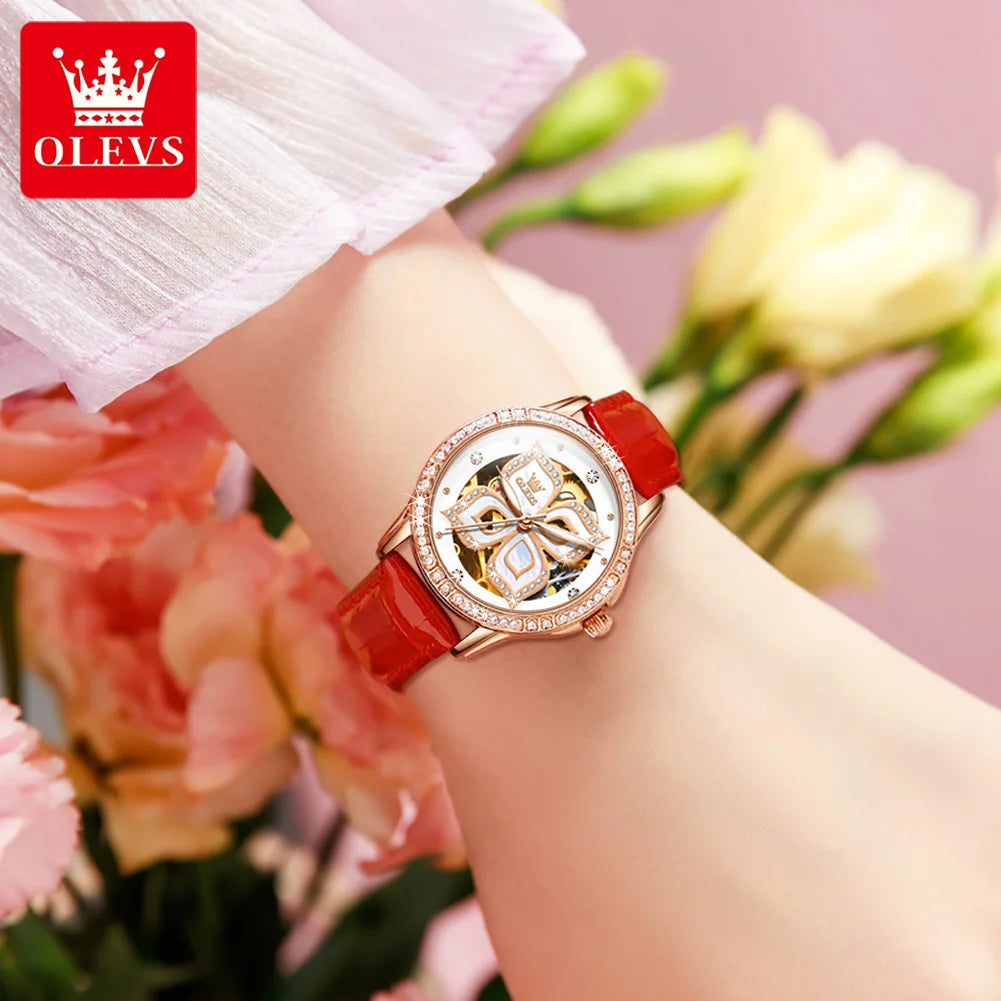 OLEVS 6612 Womens Watch Elegant Fashion Bezel Ceramic Strap Original Mechanical Watch Waterproof Luminous Butterfly Dial Ladies