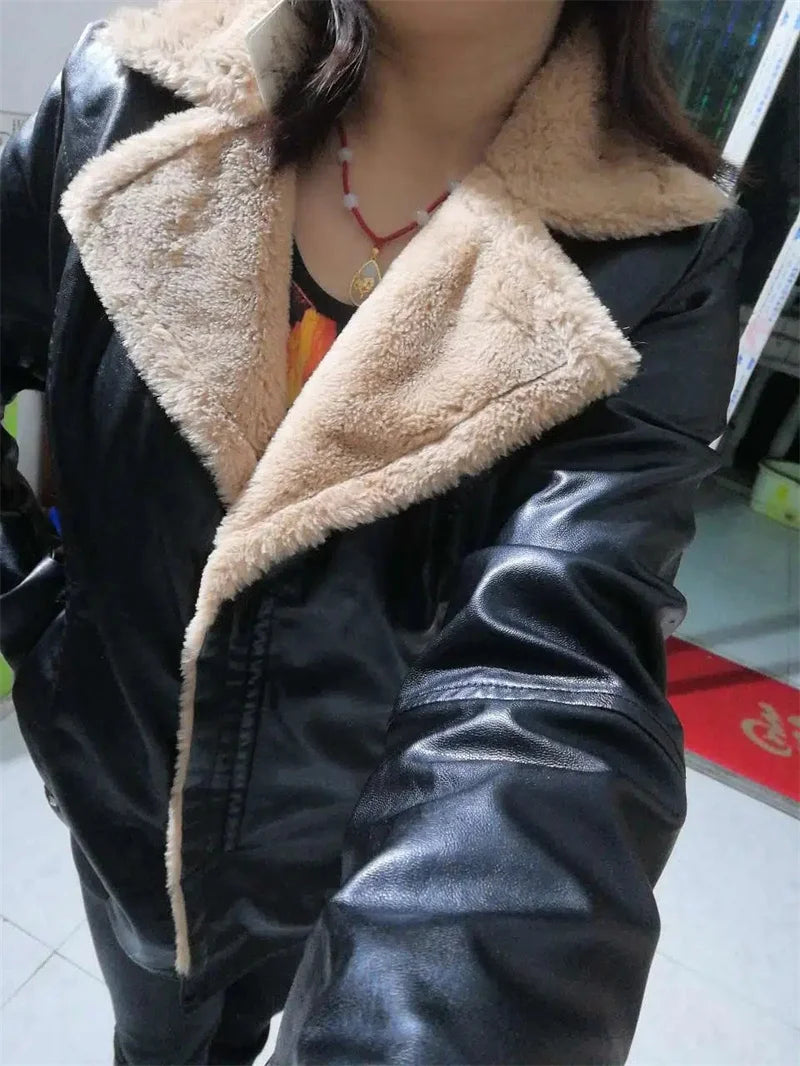 2022 New Winter PU Leather Jacket Women Short Blazers Coat Fleece Double-faced Fur Leather Outerwear Lady Slim Suit Tops Jackets