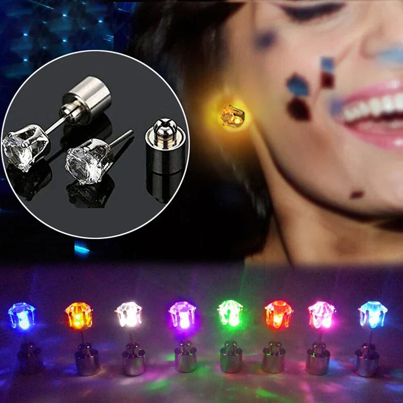 2PCS Colorful LED Luminous Studs Square Zircon Earrings Men Women Bar Rave Wedding Party Ear Stud Jewelry Glowing Earring