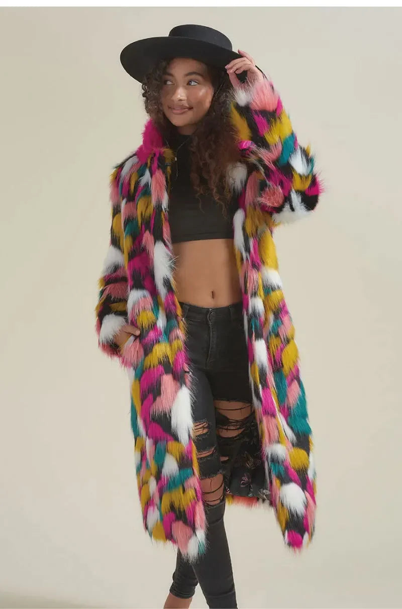 Women Faux Fur Long Coat Rainbow Colorful Faux Fox Fur Autumn Winter Lady Fashion Street Warm Quality 2023 Cloth Lugentolo