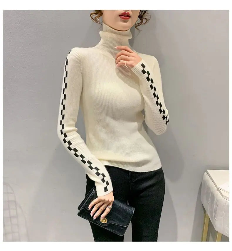 Pile Collar Plaid Bottoming Shirt Female New Autumn Winter Temperament All-match Sweater Interior Lapping Slim Turtleneck Tops