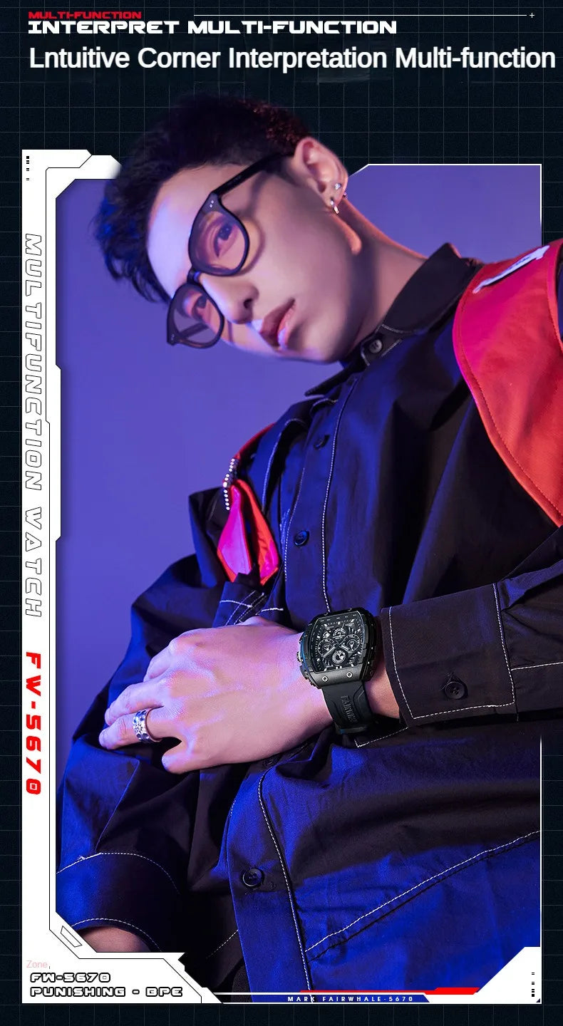 Fashion White Watches For Men Sport Silicone Strap Dive Luminous Quartz Watch Tonneau Shape Resin Case Multifunctional Clock New