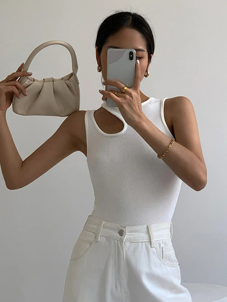 Casual y2k White Cut Out Women's T Shirt Sleeveless Slim T Shirts Female Clothing 2024 Summer Fashion crop top women camisetas